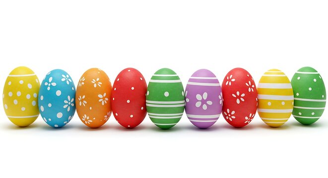 Decorated easter eggs in a row against a plain white background - Powered by Adobe