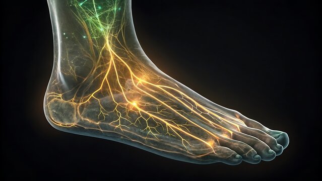 Detailed 3d illustration of human foot nerves and blood vessels