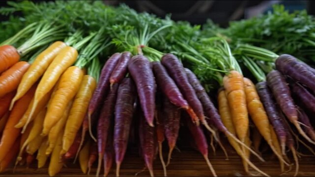 Bunches of fresh orange yellow and purple carrots with green tops are displayed on a wooden surface