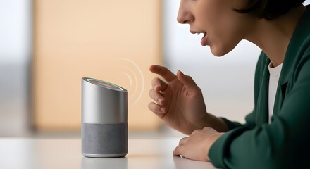 A woman interacts with a smart speaker, voice-activated technology, modern devices