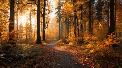 Fototapeta premium A winding path through a forest in autumn with golden leaves and sunlight shining through the trees