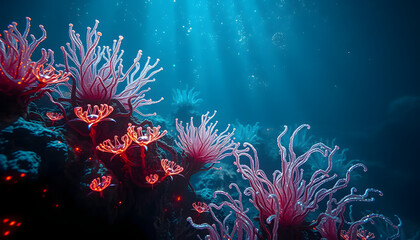 Underwater Coral Garden: Vibrant Marine Life Featuring Tentacle-Like Formations with Glowing Red Tips in a Deep Blue Sea Environment