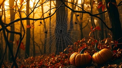 Spooky Autumn Forest with Spiders, Cobwebs, and Pumpkins