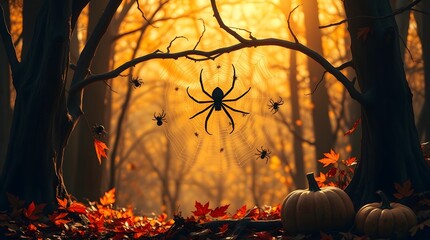 Spooky Autumn Forest with Spiders, Cobwebs, and Pumpkins