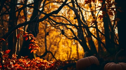 Spooky Autumn Forest with Spiders, Cobwebs, and Pumpkins