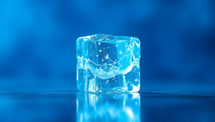 Crystalline Cube Precision Cold Freshness Transparency Simplicity Clean Clarity Cool Ice Water Droplets Frozen Reflection Surface Minimal Blue Background Focus Detail
