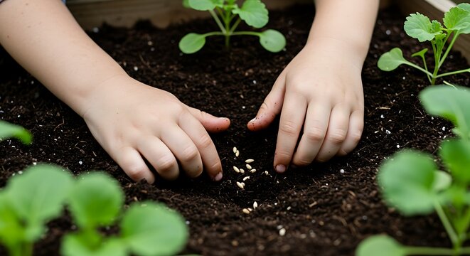 Childs hands planting seeds in soil close up of gardening activity