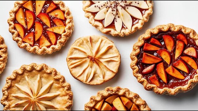 Delicious apple pies with crust designs ready for tasting at a local bakery in autumn