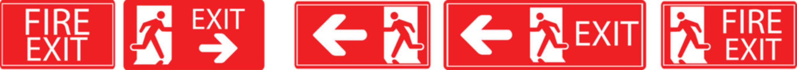 Emergency Exit Icon. SET Vector illustration of running man and exit door sign. Escape and evacuation symbol. Various exit sign isolated white background.Evacuation and relocation of people to safety.