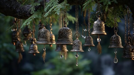 A serene and spiritual scene shows antique bells hanging gracefully under a sacred tree. The aged metal bells sway gently in the breeze