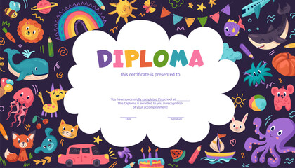 Colorful preschool and school diploma certificate for kids with doodle elements, crayon scribbles, and chalk drawings. Fun cartoon vector design for kindergarten or primary grade achievement award.