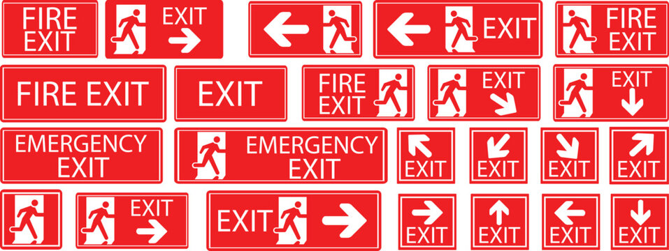 Emergency Exit Icon. SET Vector illustration of running man and exit door sign. Escape and evacuation symbol. Various exit sign isolated white background.Evacuation and relocation of people to safety.