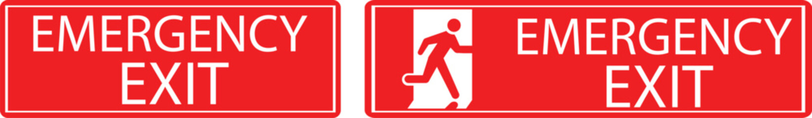 Emergency Exit Icon. SET Vector illustration of running man and exit door sign. Escape and evacuation symbol. Various exit sign isolated white background.Evacuation and relocation of people to safety.