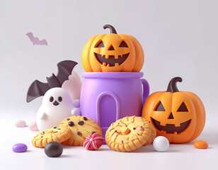 halloween pumpkin and Dessert. 3d snacks and cookies.