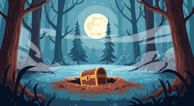 A mysterious treasure chest half-buried in the ground, glowing under moonlight.