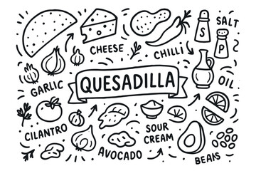 Quesadilla ingredients doodle: cheese, chilli, garlic, avocado, sour cream, cilantro
