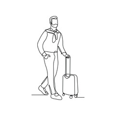 Continuous line of male traveler with luggage. Sketch drawing editable stroke of tourist walking with suitcase. Vector illustration