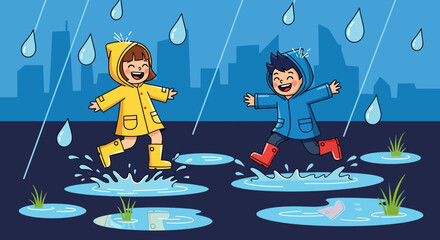 Children Joyfully Playing in Puddles During Rainy Weather.