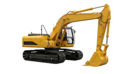 Yellow excavator heavy construction machine with articulated arm and bucket isolated on a transparent background