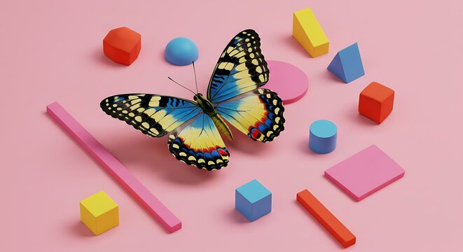 Colorful butterfly with geometric shapes on pink background