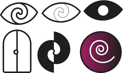 eyes with spirals, double doors, and a swirl design over a purple gradient

