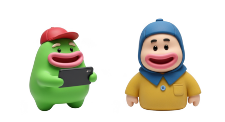Two adorable cartoon characters one green blob and one yellow dressed figure standing side by side
