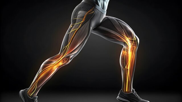 Anatomical illustration of human legs with glowing nerves and muscles