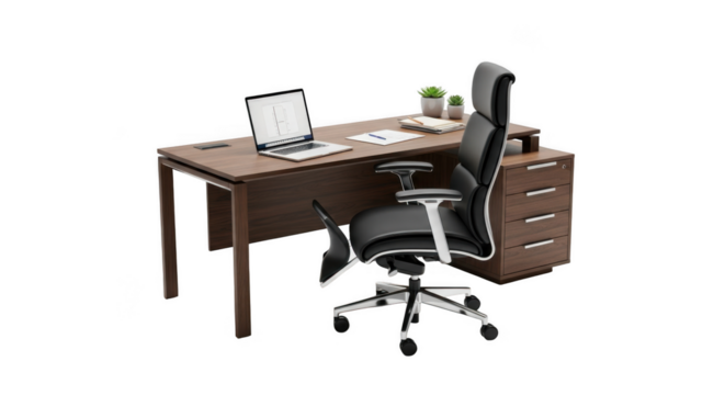Modern office setup with ergonomic chair and laptop for productive workspace