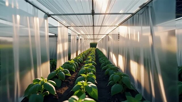 Tracking shot inside an agrivoltaic greenhouse where sunlight filters through translucent panels, nurturing vibrant green crops below, blending renewable energy technology with sustainable agriculture