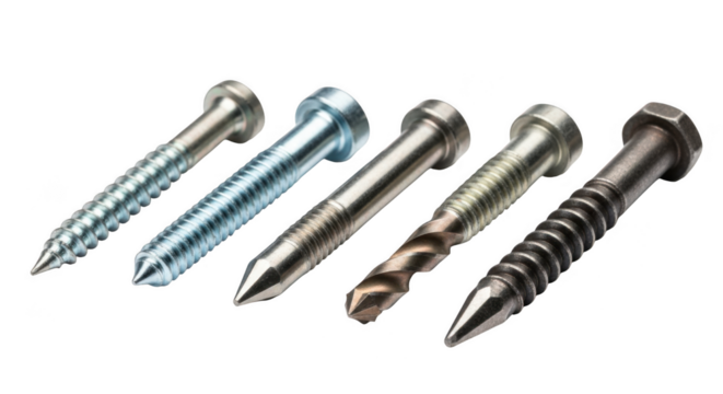 Collection of assorted metal screws and drill bits showing different head and thread types
