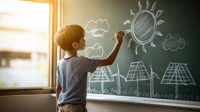 A child drawing a picture of the sun and solar panels in a classroom, renewable energy education concept, sunlight coming through the window