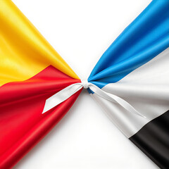 National flags of Romania and Estonia tied together with a white ribbon