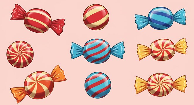 Colorful candies in wrappers illustration on light pink background - Powered by Adobe