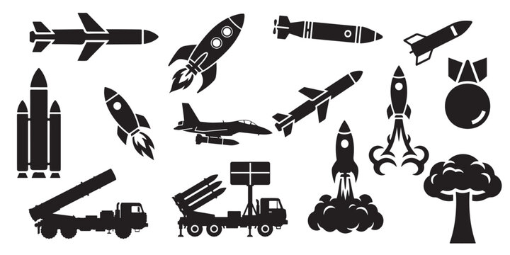 Military and aerospace technology icon collection. Vector glyphs of rocket launchers, spacecraft, missiles, and nuclear explosion.