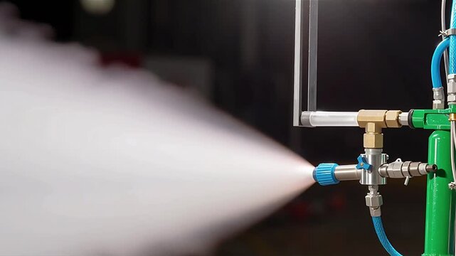 Rocket test stand firing hydrogen peroxide thruster, releasing a bright white plume of gas. The experiment demonstrates small-scale propulsion system testing for aerospace engineering research.