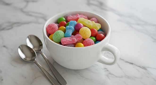 Colorful candies overflowing from a white cup with shiny spoons on marble