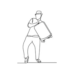Continuous line of male traveler with luggage. Sketch drawing editable stroke of tourist walking with suitcase. Vector illustration