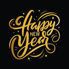 Happy New Year calligraphy on a black background. Golden hand-drawn text