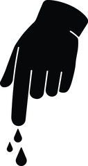Black silhouette of a hand with falling drops of liquid against a white background silhouette