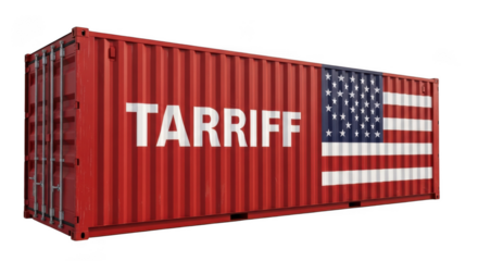 Shipping container marked tariff with american flag symbolizing trade policy import export