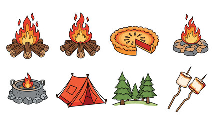 A cozy camping design with campfires, tents, trees, delicious pie, & roasted marshmallows, Perfect for outdoor adventures and summer fun projects