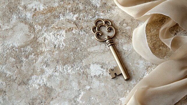 Vintage brass key on textured stone surface with silk ribbon - Powered by Adobe