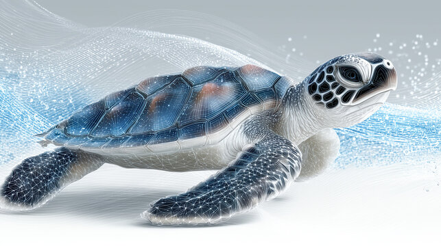 Baby sea turtle sea turtle ocean wave polygon ripple halftone glow digital illustration grace baby sea turtle near ocean wave with polygon ripple arcs and halftone dotted glow, serene motion