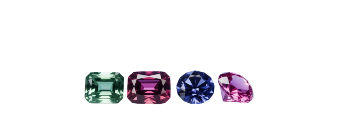 A 3d rendered realistic gemstone set showcasing four sparkling gems emerald, ruby, sapphire, and pink diamond aligned ultra-detailed, high contrast,  photore. Transparent background.