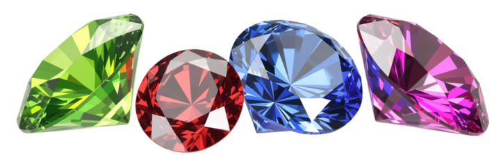 A 3d rendered realistic gemstone set showcasing four sparkling gems emerald, ruby, sapphire, and pink diamond aligned ultra-detailed, high contrast,  photore. Transparent background.