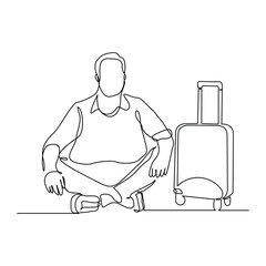 Continuous line of male traveler with luggage. Sketch drawing editable stroke of tourist walking with suitcase. Vector illustration