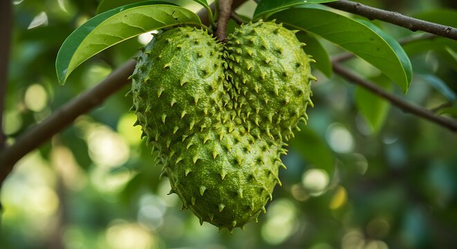 Close up of a soursop fruit on a tree branch with green leaves