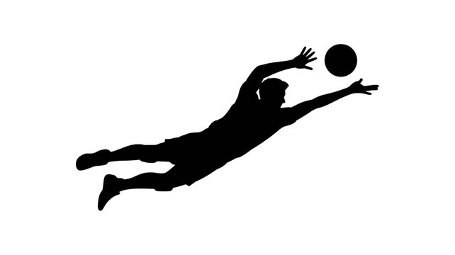 A black silhouette illustration of a male volleyball player in a diving save position against on a transparent background. 