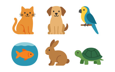 Fototapeta premium Cute animal icons collection featuring cat dog parrot fish rabbit turtle in flat design style