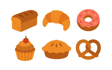 Flat style bakery icons featuring bread, croissant, donut, and more
